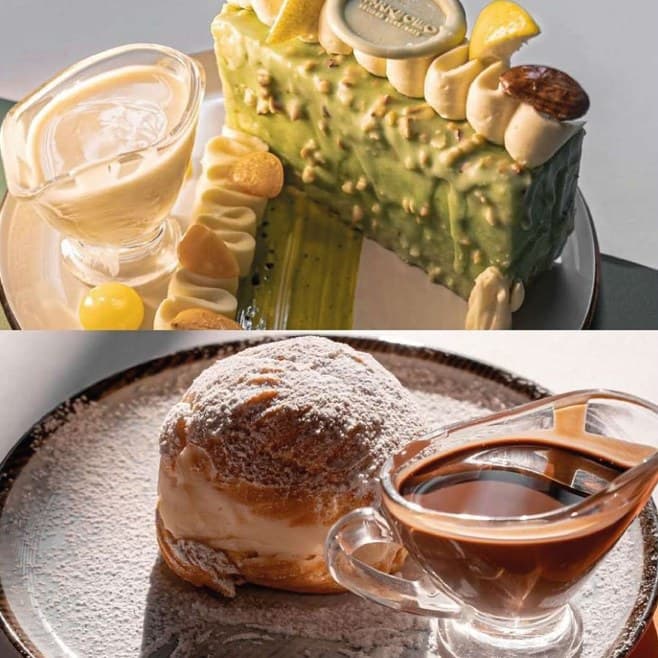 Two desserts: pistachio entremet and a glazed choux